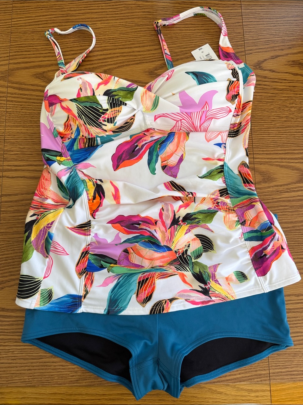 Liz Tankini Paradise Beach Floral Print Swim Top- White Multicolor